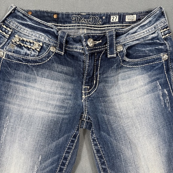 Miss Me Easy Capri Jeans Women 27 Distressed Embellished THICK STITCHING - Picture 3 of 10